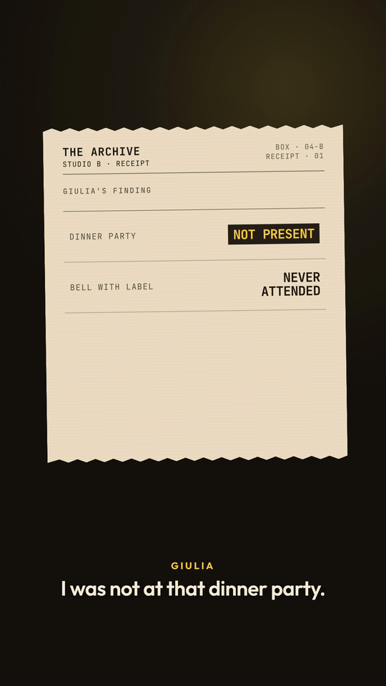 The Studio B archive receipt under a warm spotlight