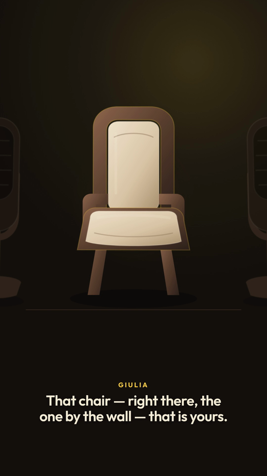 The third studio chair waiting between two microphones